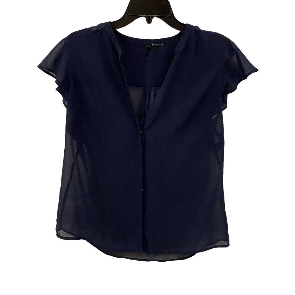 United Colors of Benetton Navy Blue Sheer Chiffon V-Neck Flutter Blouse Large